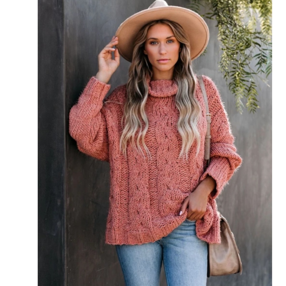 CELESTE Cowl Neck Cable Knit Sweater